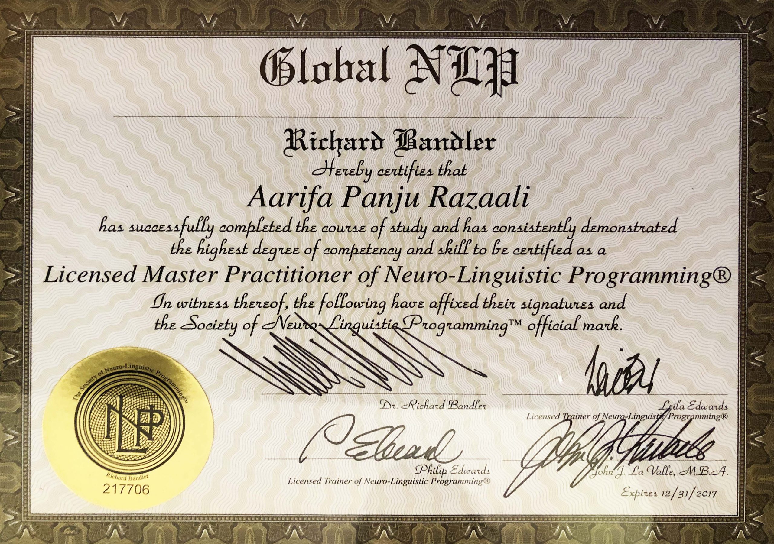 Licensed master practitionner of neuro-linguistic programming