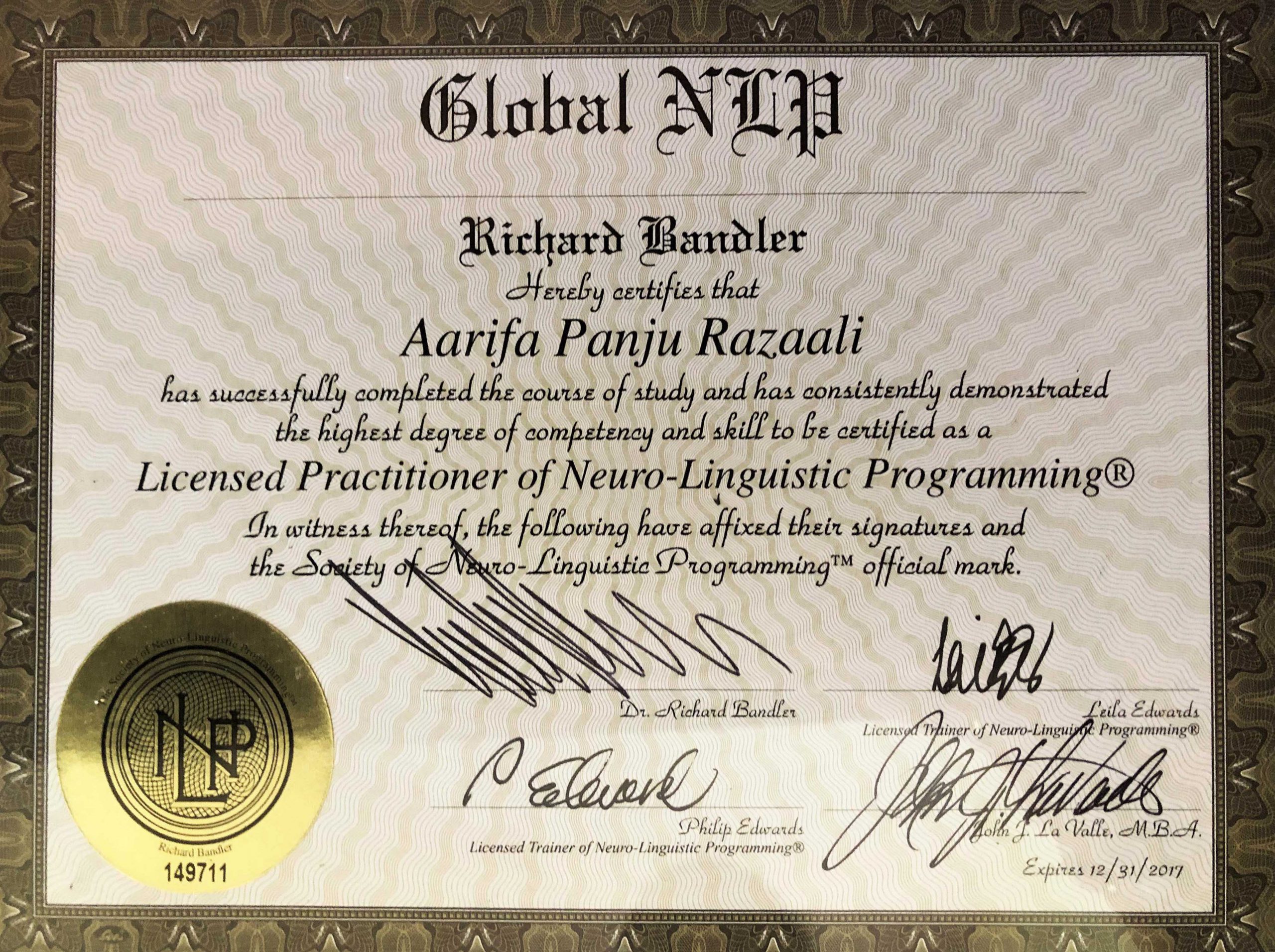 Licenced practitioner of neuro-linguistic programming scaled